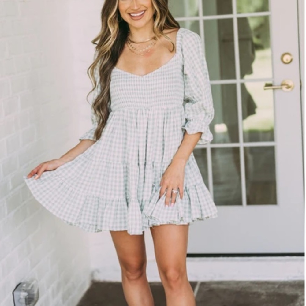 Sage green gingham print babydoll dress - these three boutique. Worn once.